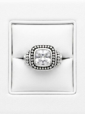 Sterling Silver Twisted Cable Ring with Cushion Cut Clear Stone Size 6